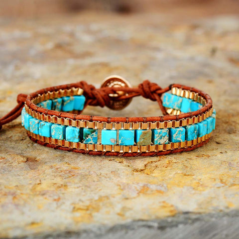 Pulseras Bohemias con Piedras Turquesas y Cadena de Oro